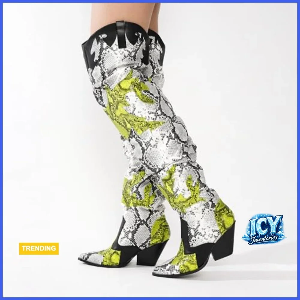 Thigh High Cowboy Boots with Chunky Heel - Faux Snakeskin Western Booties